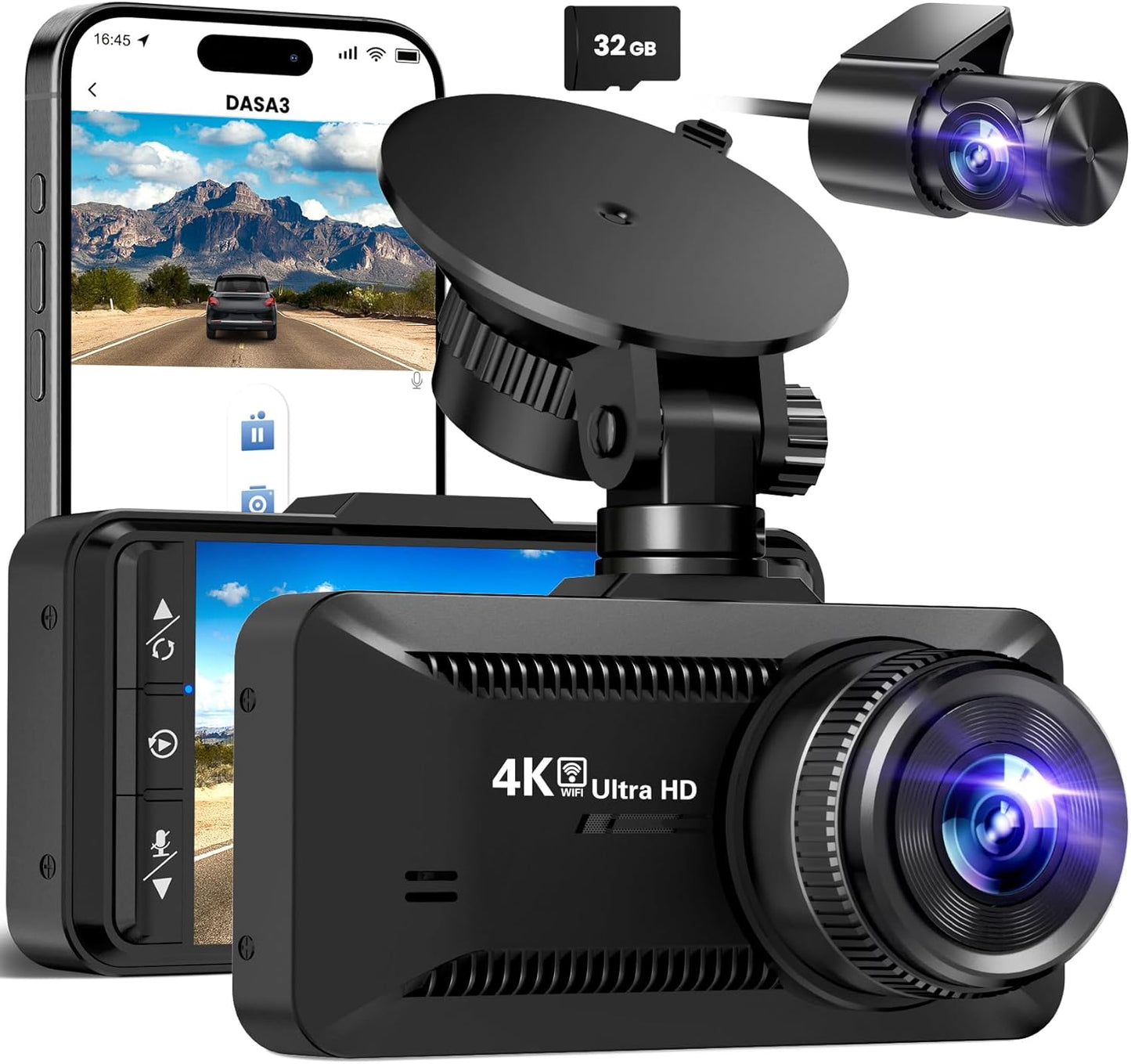 SUVCON 4K Ultra HD Dash Cam with Wi-Fi Connectivity – Features a sleek design, rear camera with 360° adjustment, and compatibility with mobile apps for remote viewing. Includes a 32GB memory card for seamless recording.