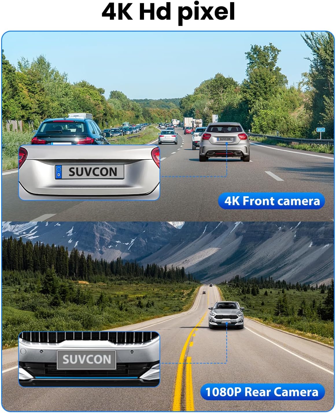 SUVCON Dual Dash Cam with 4K Front Camera and 1080P Rear Camera – Captures stunning 4K footage from the front and clear 1080P video from the rear, ensuring comprehensive coverage for safe driving.