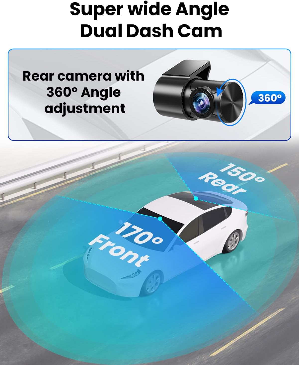 SUVCON Super Wide Angle Dual Dash Cam – Equipped with a rear camera featuring 360° angle adjustment and wide-angle lenses (170° front, 150° rear) for unparalleled visibility and protection on the road.