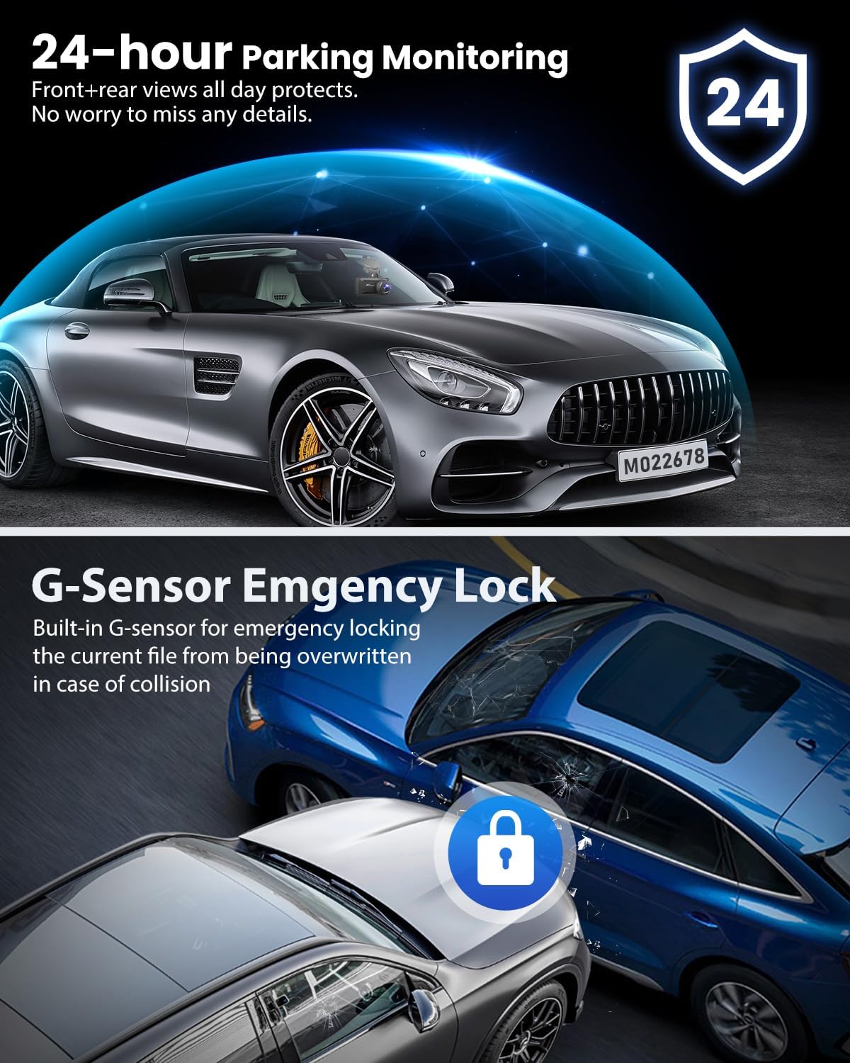 SUVCON 24-Hour Parking Monitoring and G-Sensor Emergency Lock – Provides continuous protection with around-the-clock monitoring and automatically locks critical footage in case of collisions for reliable evidence capture.