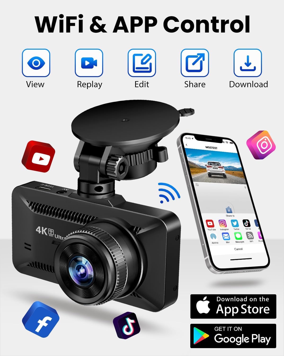 SUVCON 4K Ultra HD Dash Cam with Wi-Fi & App Control – Offers remote viewing, replay, editing, sharing, and downloading capabilities via mobile apps. Compatible with popular platforms like YouTube, Instagram, Facebook, and TikTok.