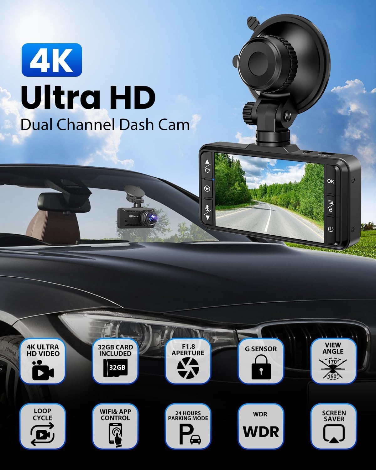 SUVCON 4K Ultra HD Dual Channel Dash Cam – Equipped with advanced features like 4K video recording, 32GB memory card included, F1.8 aperture, G-sensor emergency locking, wide-angle view, loop recording, Wi-Fi & app control, 24-hour parking mode, WDR technology, and screen saver functionality.