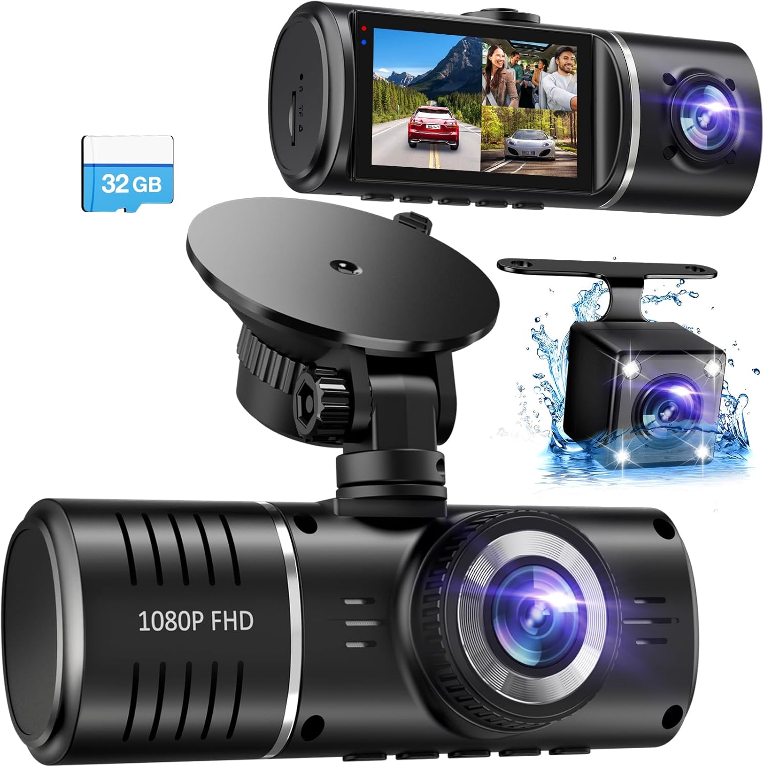 SUVCON Premium Dual Dash Cam with 32GB Memory Card – Featuring 1080P Full HD, G-Sensor, and Parking Mode. Compact design with wide-angle lens and water-resistant rear camera.