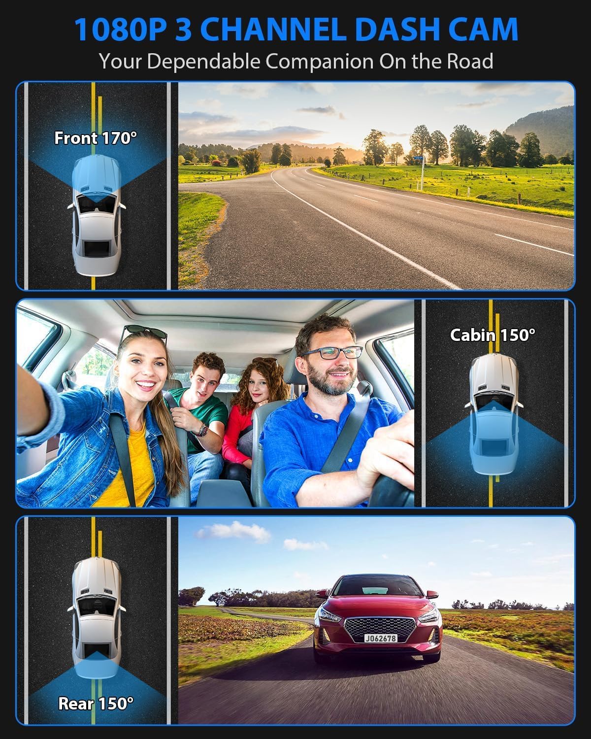 SUVCON 1080P 3-Channel Dash Cam capturing clear footage from the front (170°), cabin (150°), and rear (150°). Ideal for families and drivers who prioritize safety and comprehensive coverage on the road.
