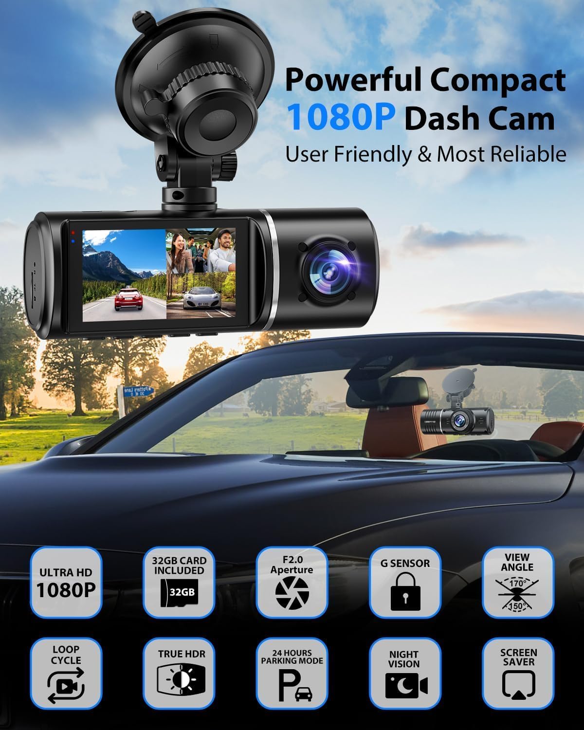SUVCON Powerful Compact Dash Cam mounted on a car windshield, showcasing its user-friendly design and advanced features like Ultra HD 1080P resolution, 32GB card included, F2.0 aperture, G-sensor, night vision, and parking mode.