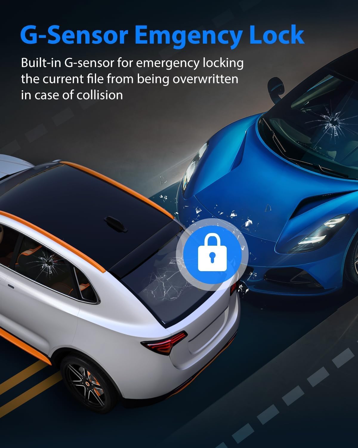 SUVCON Dash Cam with built-in G-Sensor Emergency Lock feature, protecting critical footage in case of collisions or accidents. Ensures reliable evidence capture for driver safety and peace of mind.