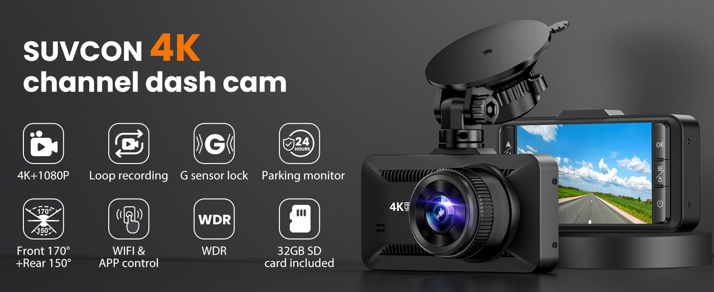 SUVCON 4K Dual Channel Dash Cam – Features 4K+1080P resolution, loop recording, G-sensor lock, parking monitor, front (170°) and rear (150°) coverage, WDR technology, and a 32GB SD card included.
