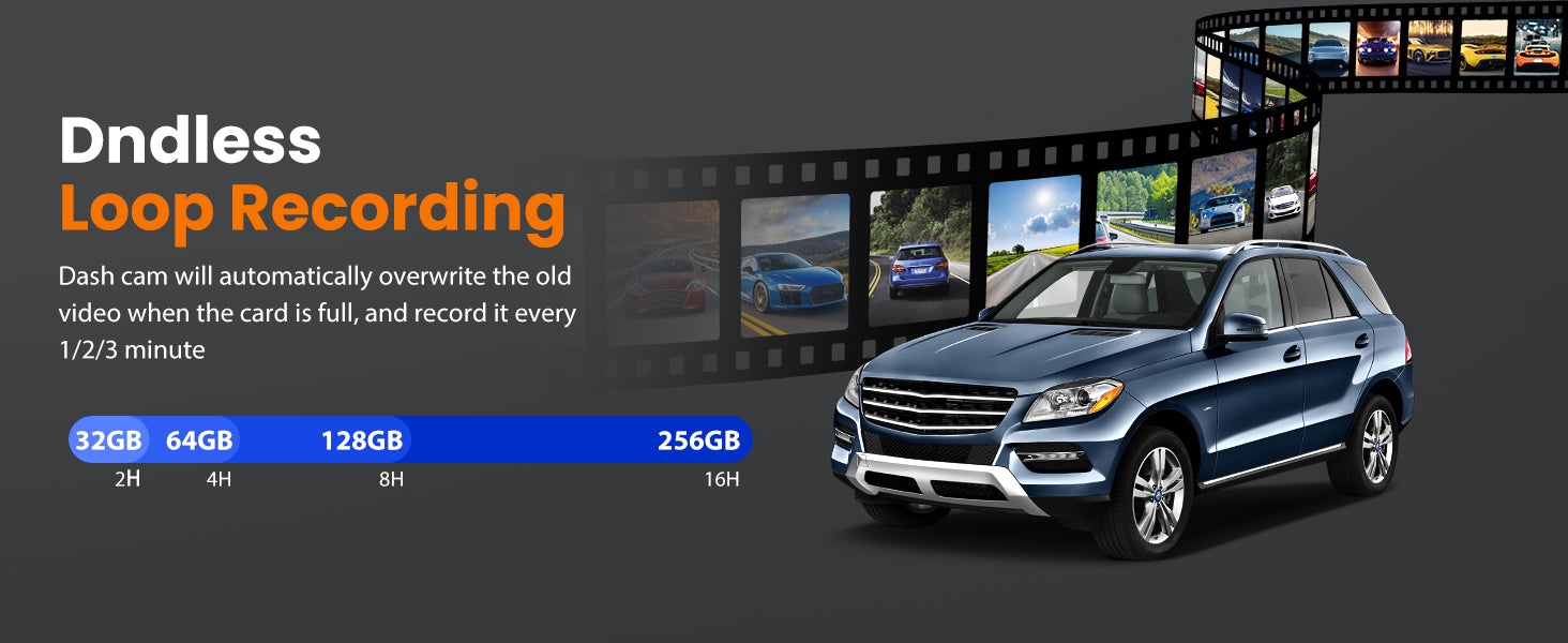 SUVCON Endless Loop Recording Feature – Automatically overwrites old videos when the memory card is full, providing continuous recording in 1/2/3-minute intervals. Supports various memory card capacities from 32GB to 256GB.