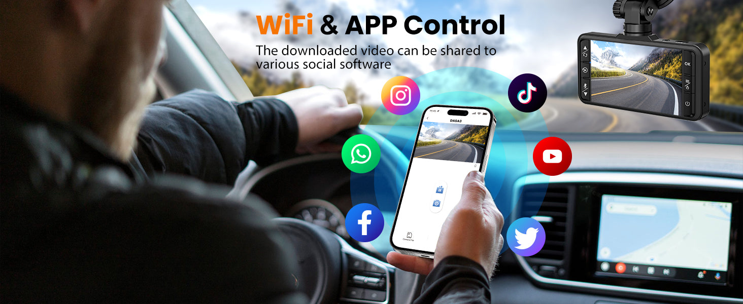 SUVCON Dash Cam with Wi-Fi & App Control – Allows users to download, view, and share recorded videos on various social media platforms like Instagram, TikTok, WhatsApp, Facebook, and Twitter.