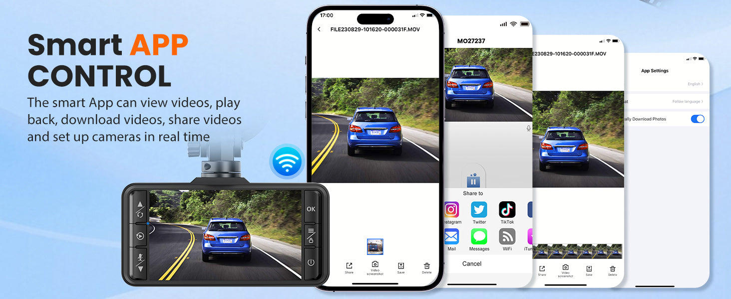 SUVCON Smart App Control – Enables real-time management of the dash cam, including viewing, playing back, downloading, sharing videos, and adjusting camera settings directly from your smartphone.