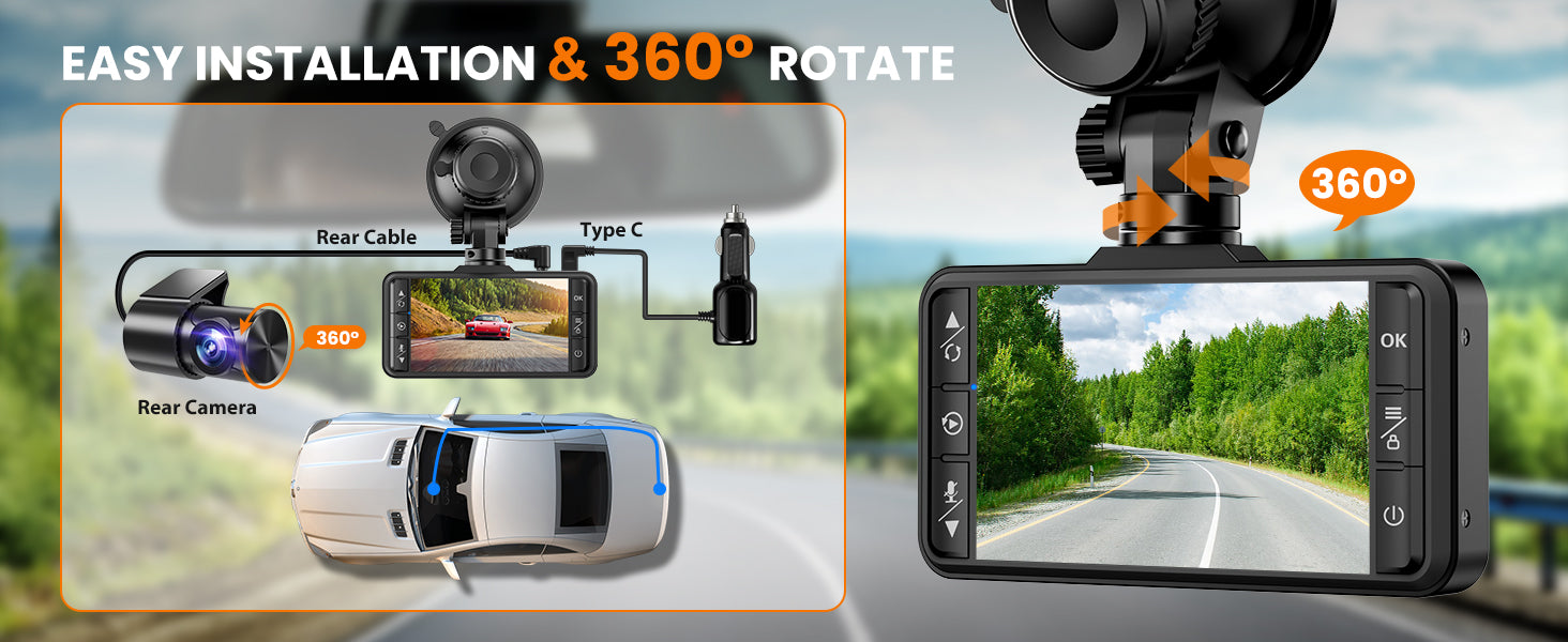 SUVCON Easy Installation & 360° Rotation – Features a rear camera with a Type-C connection and a fully rotatable mount, ensuring flexible positioning and seamless setup for optimal coverage.