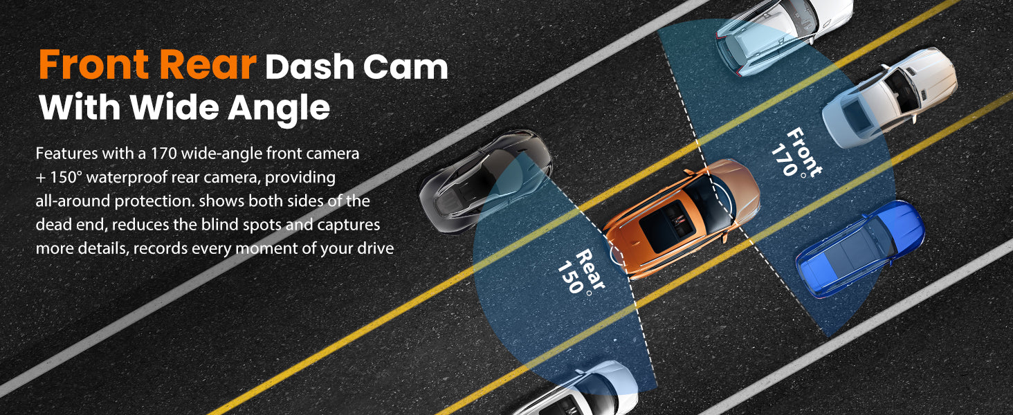 SUVCON Front Rear Dash Cam with Wide Angle – Features a 170° wide-angle front camera and a 150° waterproof rear camera, providing comprehensive coverage to eliminate blind spots and capture every moment of your drive.