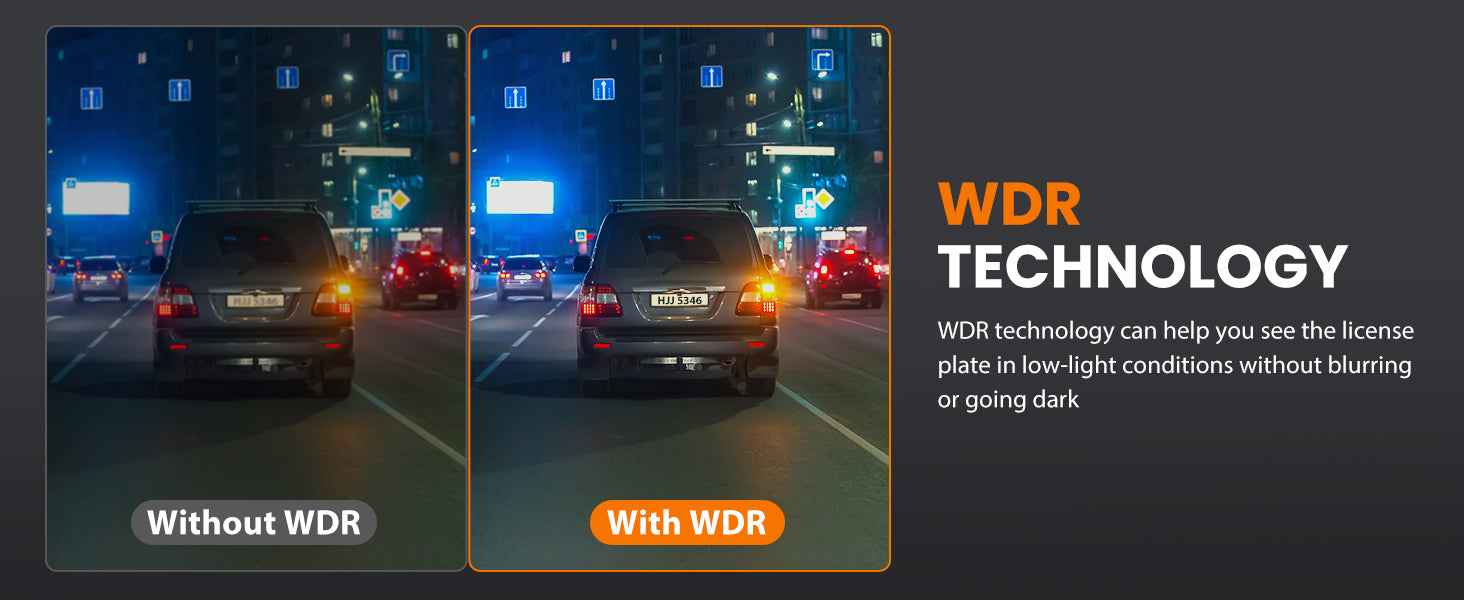 SUVCON WDR Technology – Demonstrates the ability to capture clear license plate details in low-light conditions without blurring or going dark, enhancing visibility and safety.