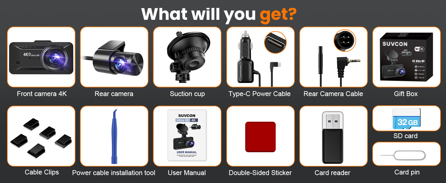 SUVCON Dual Dash Cam Package Contents – Includes front camera (4K), rear camera (1080P), suction cup, Type-C power cable, rear camera cable, gift box, cable clips, power cable installation tool, user manual, double-sided sticker, card reader, and card pin.