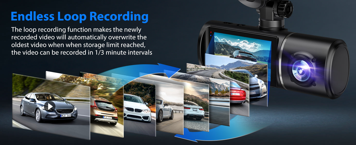 SUVCON Dash Cam Endless Loop Recording – Automatically overwrites the oldest video with new footage in 1/3-minute intervals, ensuring continuous recording without manual intervention.