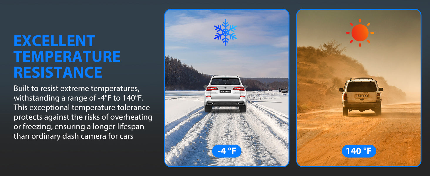 SUVCON Dash Cam Excellent Temperature Resistance – Designed to withstand extreme temperatures from -4°F to 140°F, ensuring reliable performance in harsh weather conditions.