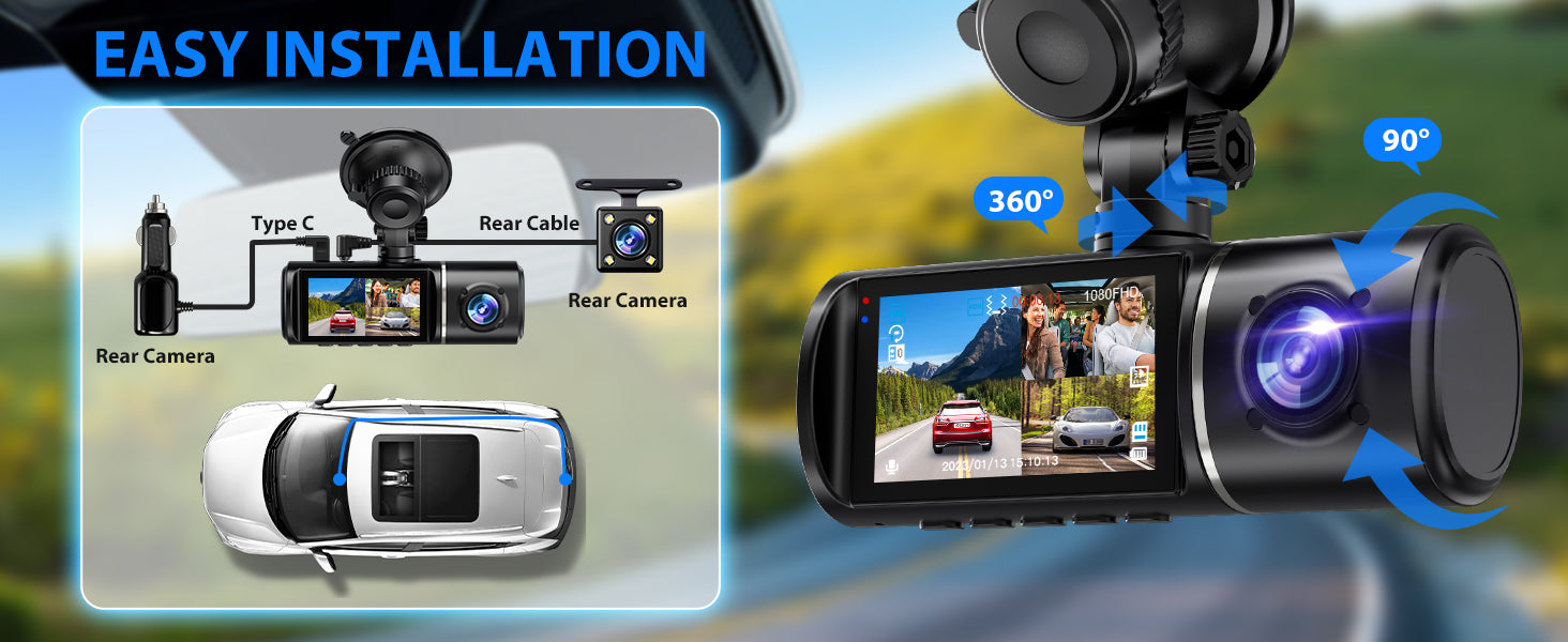 SUVCON Dash Cam Easy Installation – Features a Type-C rear cable and rear camera setup, ensuring hassle-free installation with clear instructions and compatibility for seamless integration.