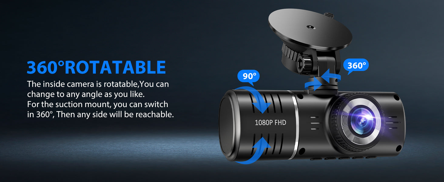 SUVCON Dash Cam 360° Rotatable Design – The inside camera is fully adjustable, allowing you to capture footage from any angle. The suction mount provides 360° flexibility, ensuring optimal positioning for all driving scenarios.