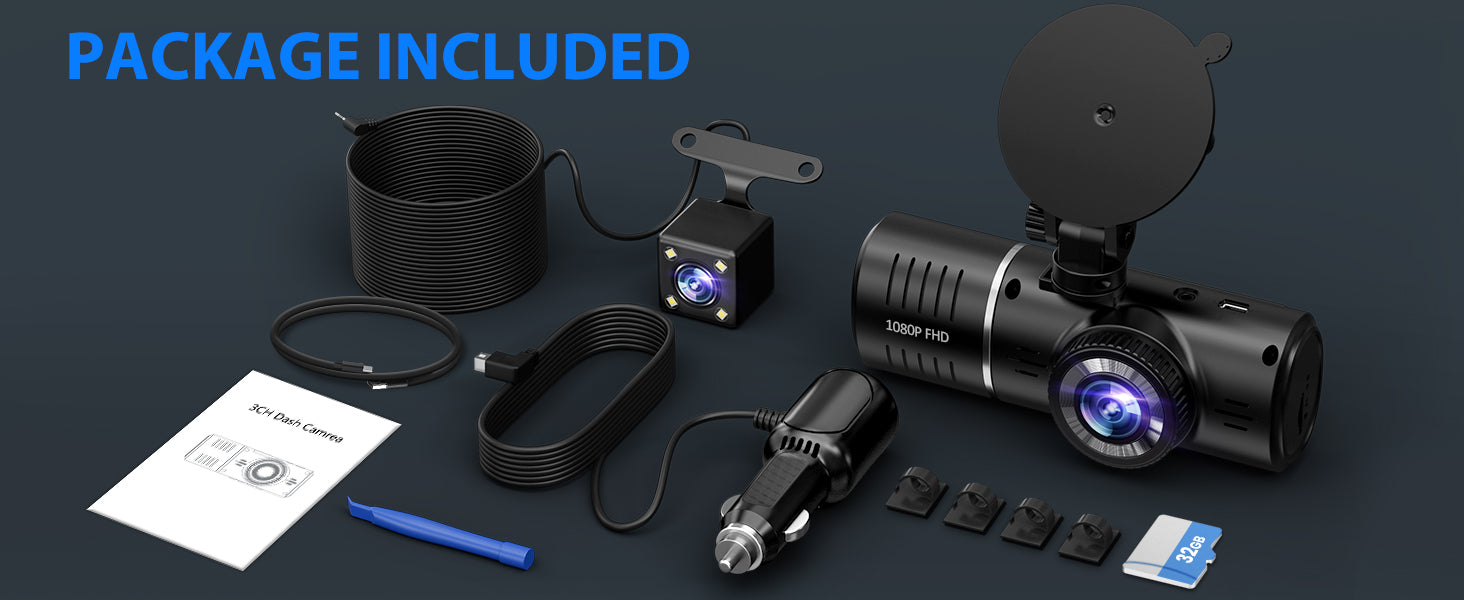 SUVCON Dash Cam Package Contents – Includes the main dash cam, rear camera, suction mount, power adapter, cables, mounting accessories, and a 32GB memory card, providing everything needed for setup and use.