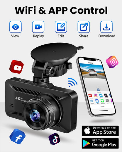 SUVCON 4K Ultra HD Dash Cam with Wi-Fi & App Control – Offers remote viewing, replay, editing, sharing, and downloading capabilities via mobile apps. Compatible with popular platforms like YouTube, Instagram, Facebook, and TikTok.