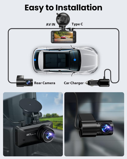 SUVCON Dual Dash Cam Easy Installation – Features a Type-C rear camera connection, AV IN input, and a car charger for seamless setup. Includes front and rear cameras for comprehensive coverage.