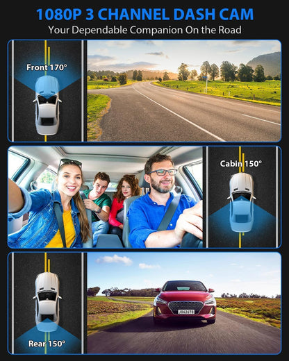 SUVCON 1080P 3-Channel Dash Cam capturing clear footage from the front (170°), cabin (150°), and rear (150°). Ideal for families and drivers who prioritize safety and comprehensive coverage on the road.